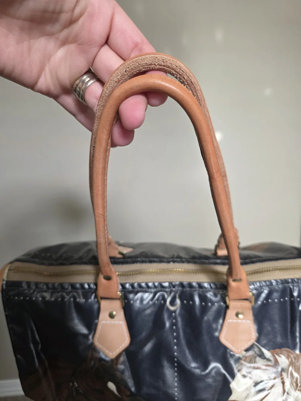 Vintage Equestrian Horse Print Hand Bag Navy Coated Vachetta Leather Handles